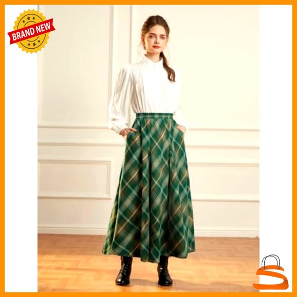 Long Plaid High Waist A-Line Pleated Maxi Skirt with Pockets - Picture 2 of 7